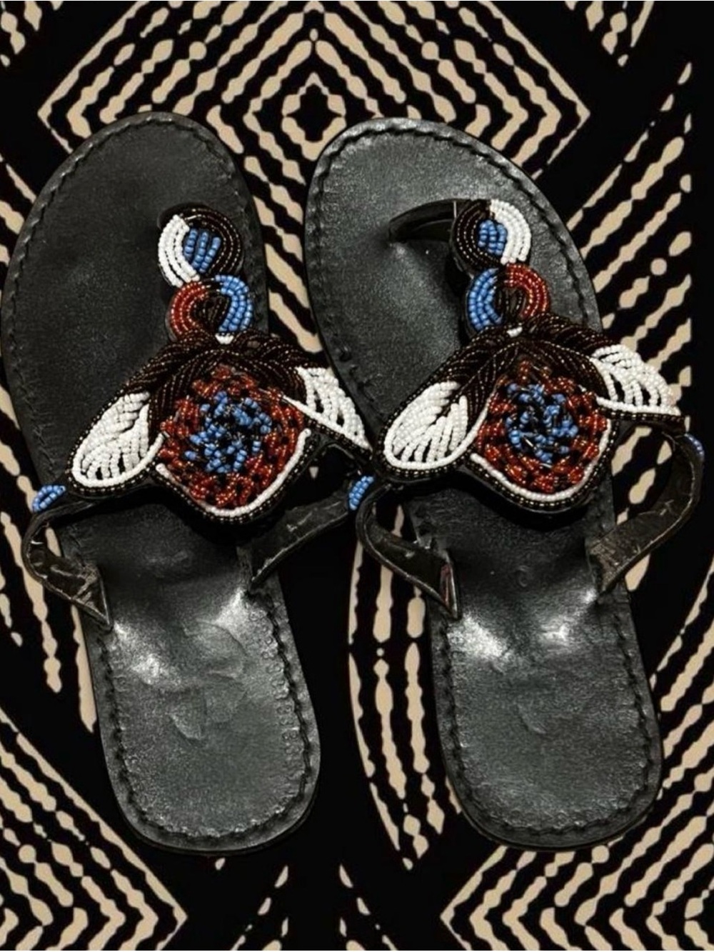 Beaded Black Leather Thong Sandals - Women's